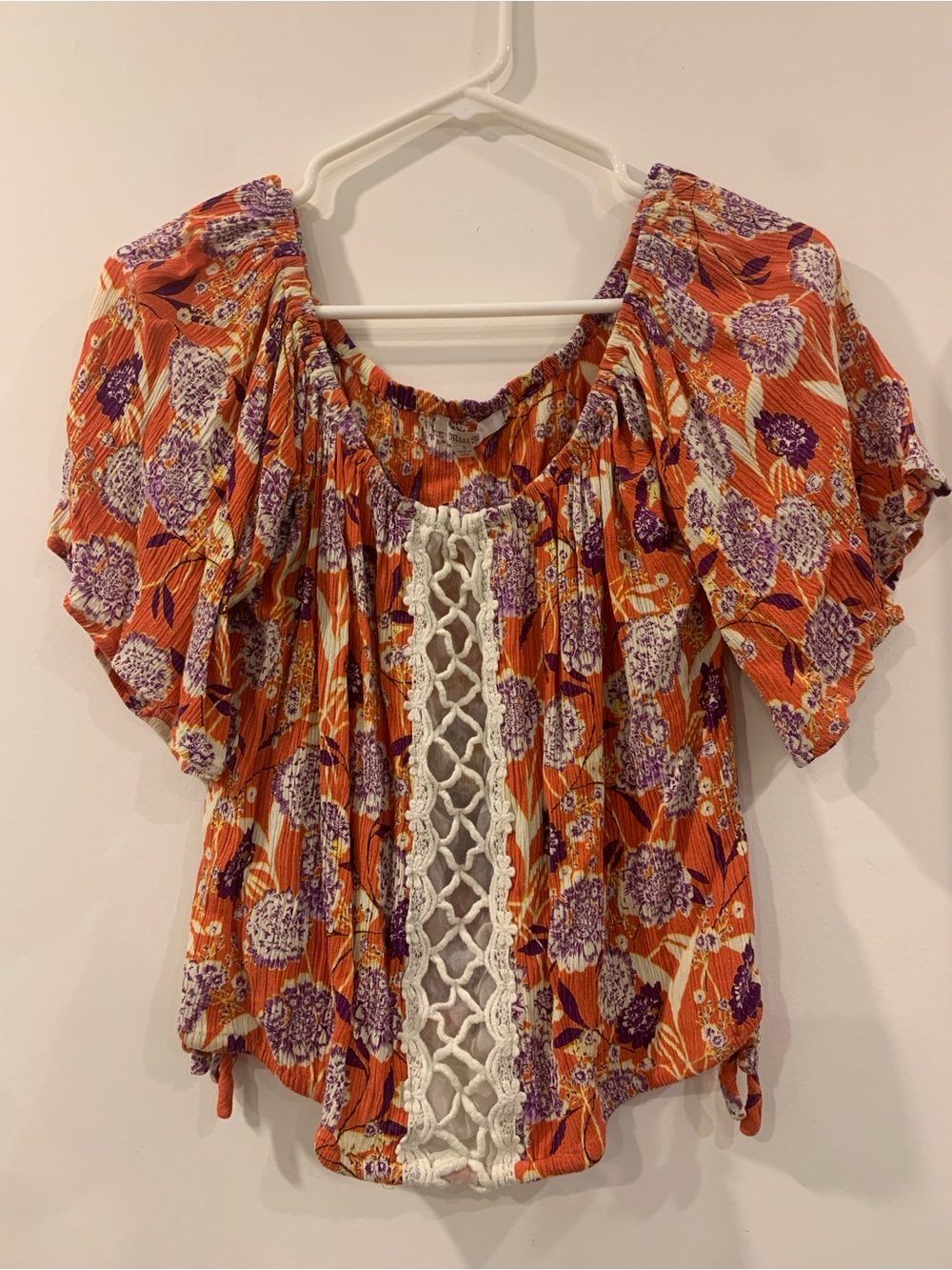 Miss Me Orange Floral Blouse with Purple Blooms and Cream Lace